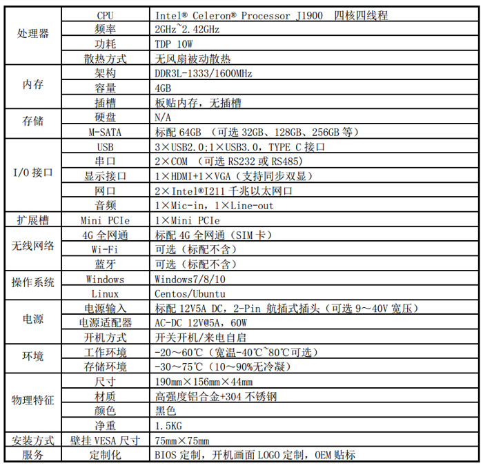 4G无线通讯工控机参数